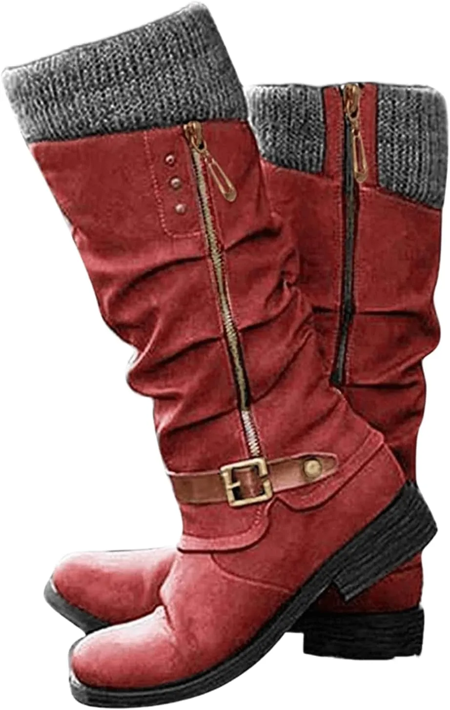 Boots For Women Wide Calf Winter Mid Calf Military Combat Boots Side Zipper Low Heel Biker Motorcycle Riding Dress Boots