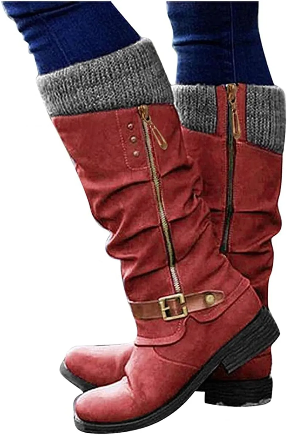 Boots For Women Wide Calf Winter Mid Calf Military Combat Boots Side Zipper Low Heel Biker Motorcycle Riding Dress Boots