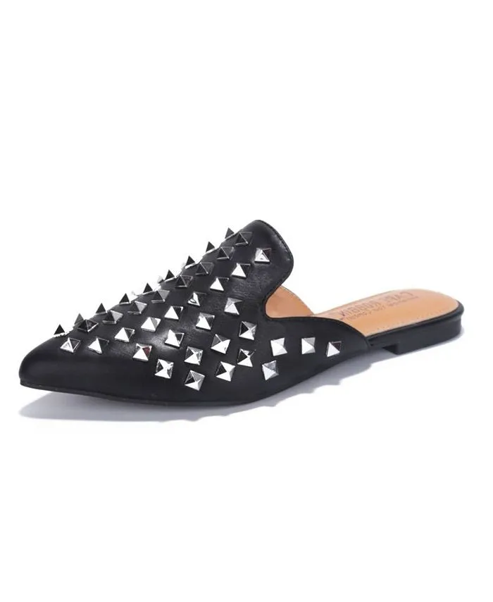 Cape Robbin Enny Slip On Flat Sandals Black pointed Toe Embellished Mule Slides