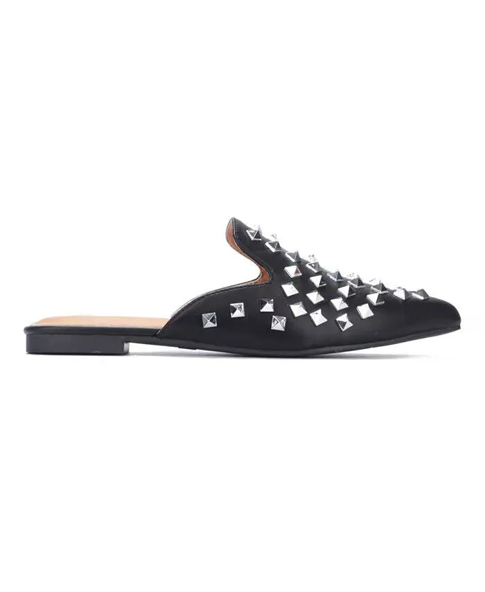 Cape Robbin Enny Slip On Flat Sandals Black pointed Toe Embellished Mule Slides