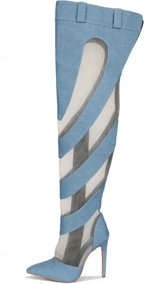 Cape Robbin Mesh Denim Thigh High Boots for Women - Over Knee Boots - Blue Thigh High Boots (Mandali)