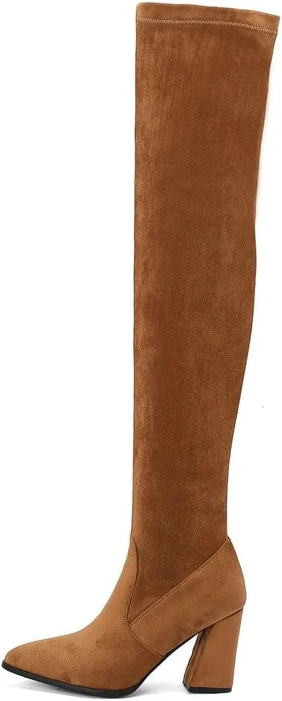 DINTAHA Stretch Suede Thigh High Heel Boots Pointed Toe Chunky Thigh High Heeled Boots Fall Boots