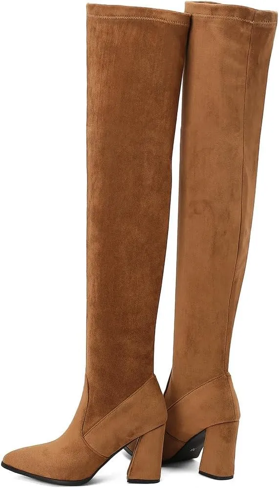 DINTAHA Stretch Suede Thigh High Heel Boots Pointed Toe Chunky Thigh High Heeled Boots Fall Boots