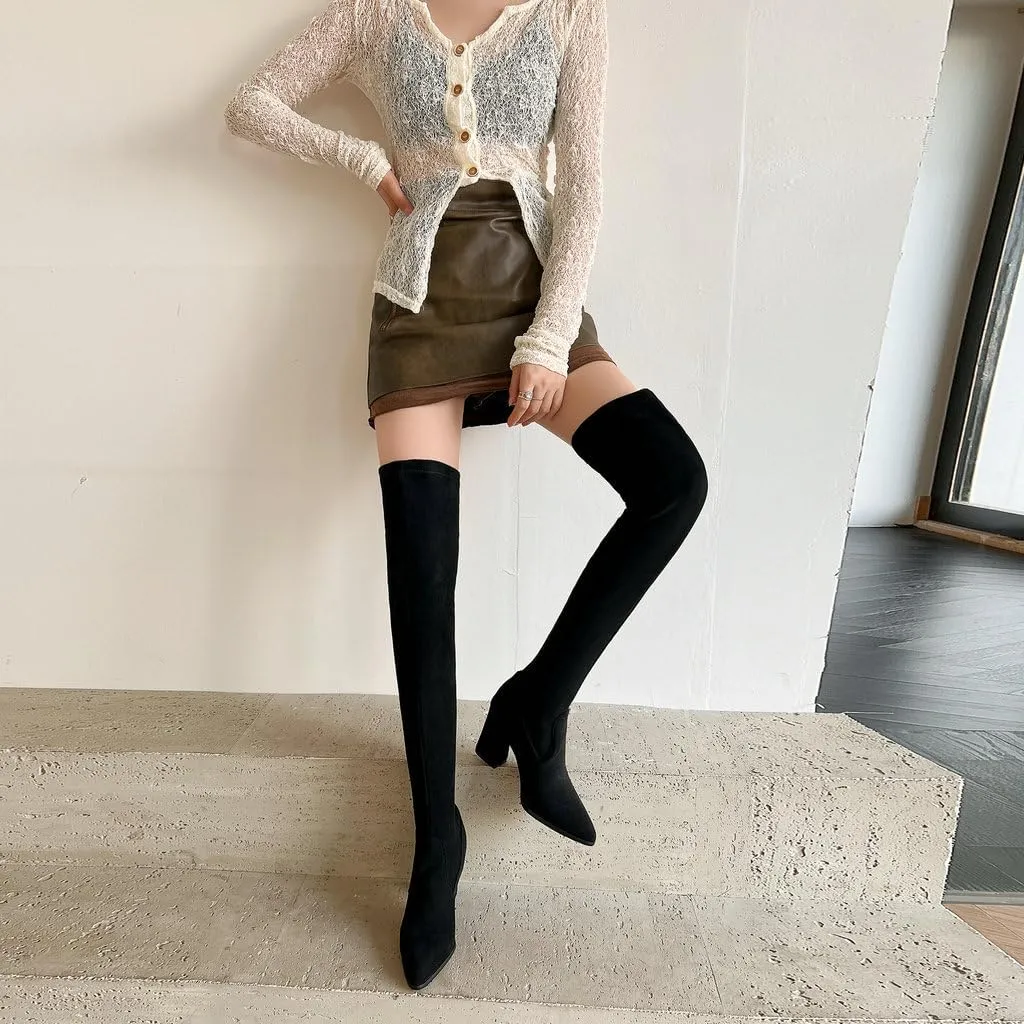 DINTAHA Stretch Suede Thigh High Heel Boots Pointed Toe Chunky Thigh High Heeled Boots Fall Boots