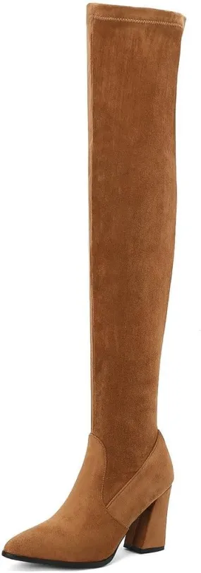 DINTAHA Stretch Suede Thigh High Heel Boots Pointed Toe Chunky Thigh High Heeled Boots Fall Boots