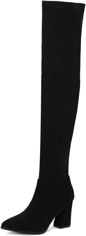 DINTAHA Stretch Suede Thigh High Heel Boots Pointed Toe Chunky Thigh High Heeled Boots Fall Boots