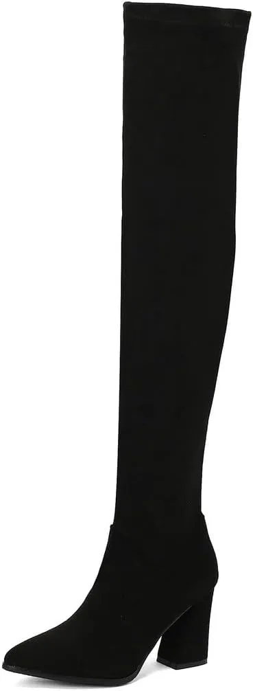 DINTAHA Stretch Suede Thigh High Heel Boots Pointed Toe Chunky Thigh High Heeled Boots Fall Boots
