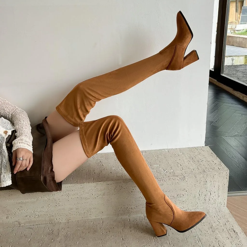 DINTAHA Stretch Suede Thigh High Heel Boots Pointed Toe Chunky Thigh High Heeled Boots Fall Boots