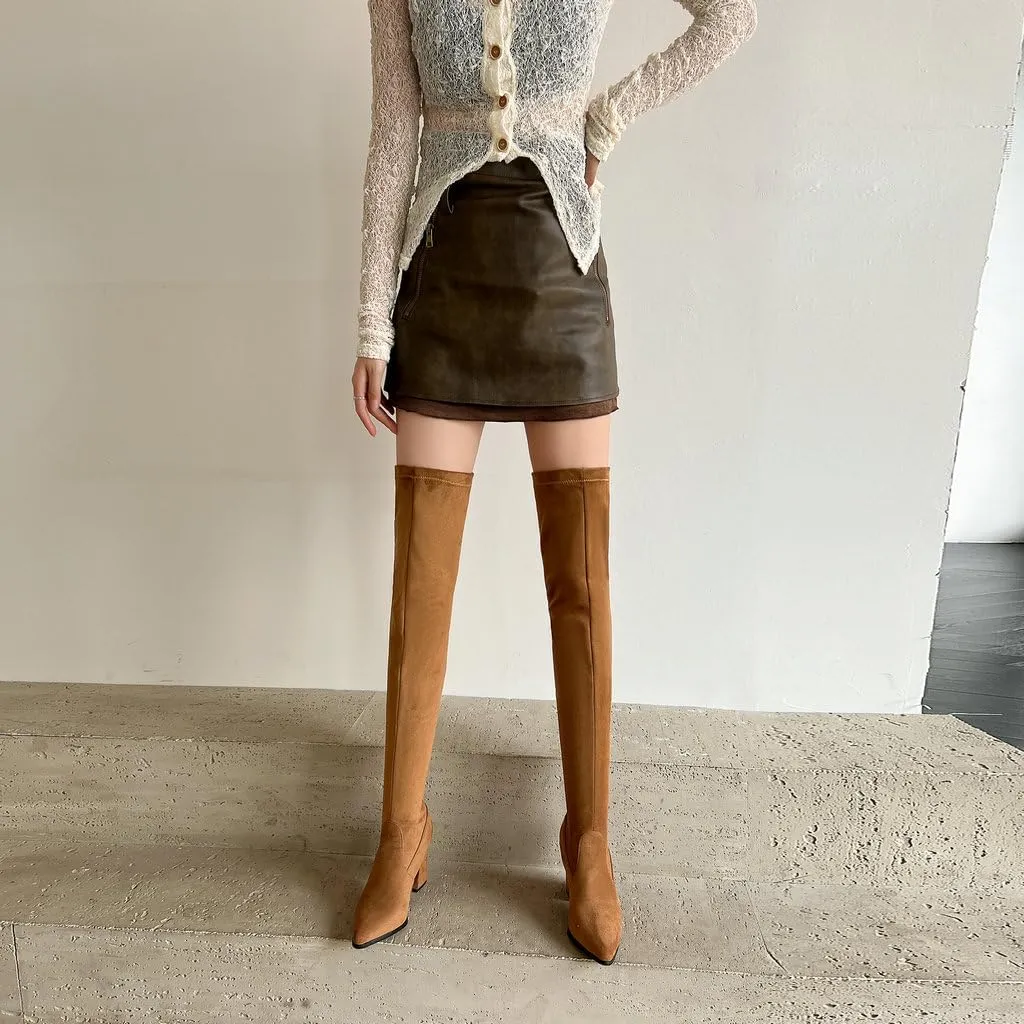 DINTAHA Stretch Suede Thigh High Heel Boots Pointed Toe Chunky Thigh High Heeled Boots Fall Boots