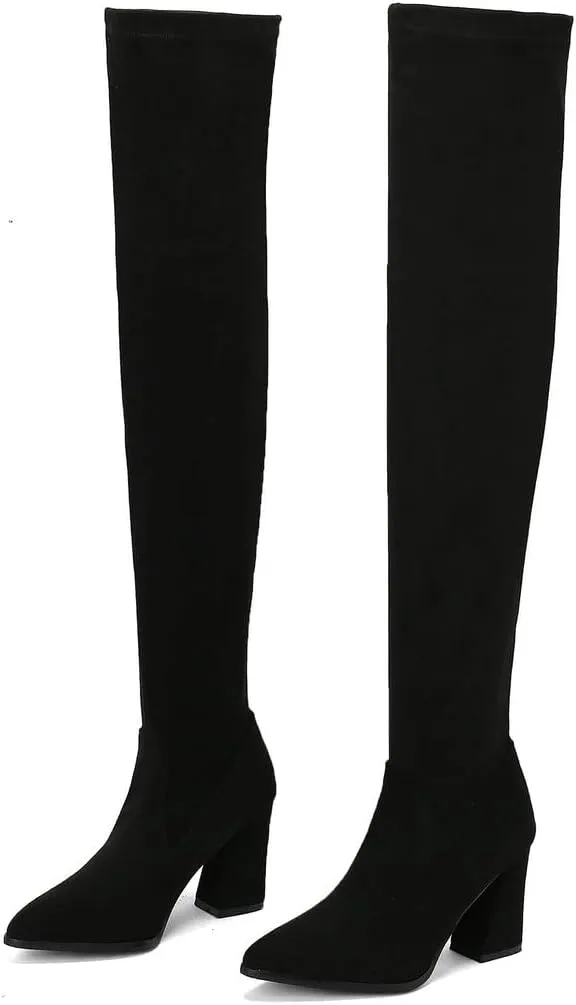 DINTAHA Stretch Suede Thigh High Heel Boots Pointed Toe Chunky Thigh High Heeled Boots Fall Boots