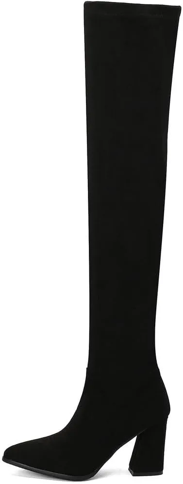 DINTAHA Stretch Suede Thigh High Heel Boots Pointed Toe Chunky Thigh High Heeled Boots Fall Boots
