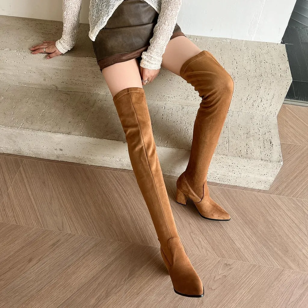 DINTAHA Stretch Suede Thigh High Heel Boots Pointed Toe Chunky Thigh High Heeled Boots Fall Boots
