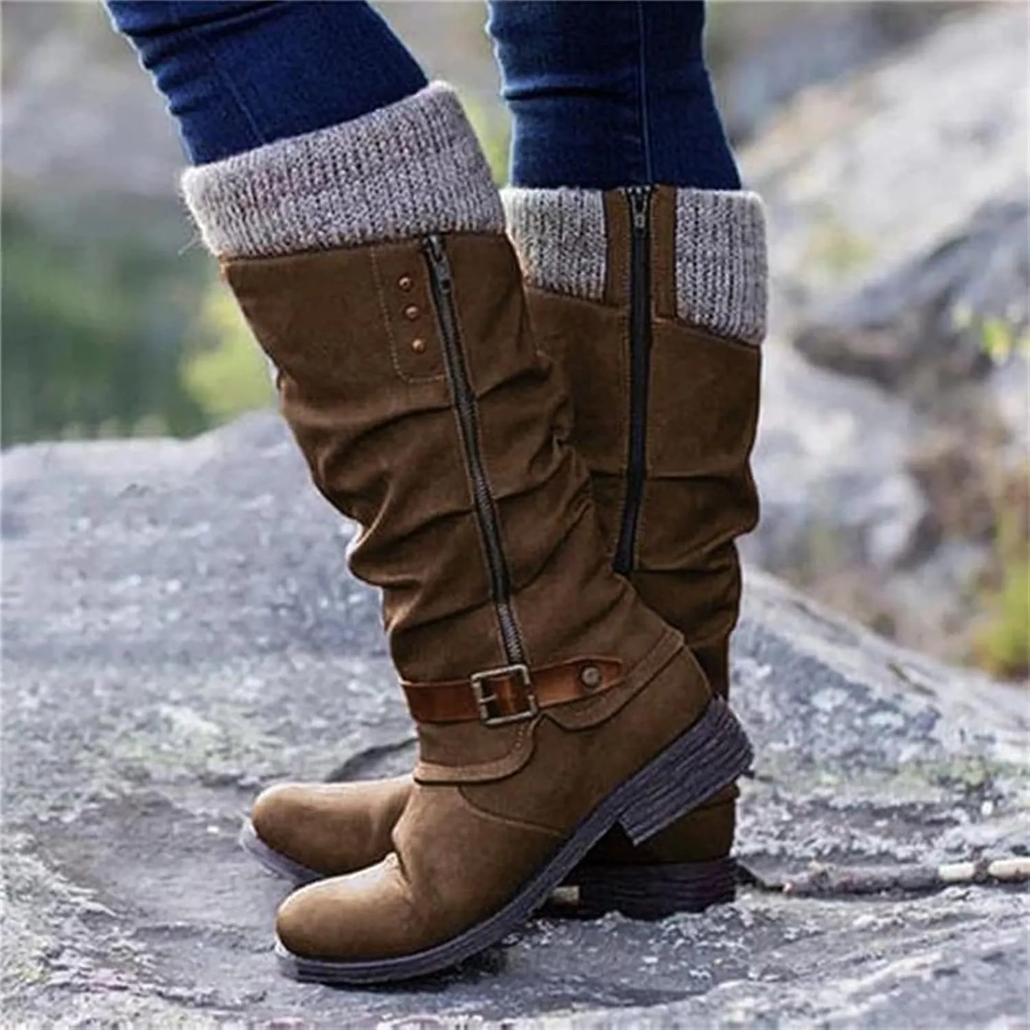 Fall Boots For Women 2024 Wide Calf Combat Boots Side Zipper Mid Calf Low Heel Motorcycle Riding Military Biker Boots