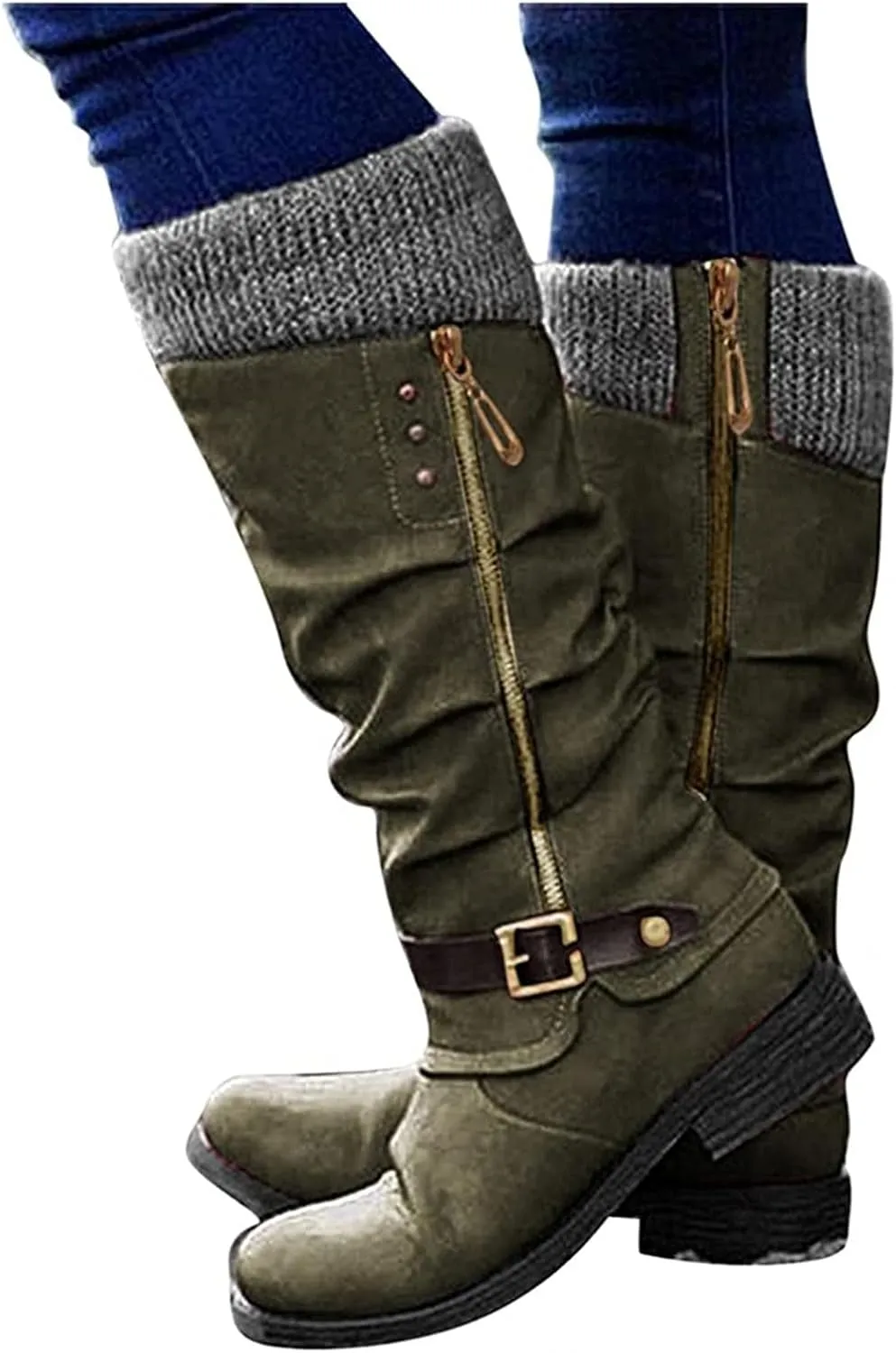 Fall Boots For Women 2024 Wide Calf Combat Boots Side Zipper Mid Calf Low Heel Motorcycle Riding Military Biker Boots