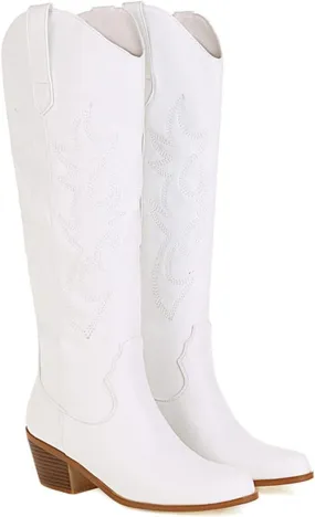 Ladmiple Cowgirl Boots Women Knee High Embroidered Western Boots Pointed Toe Chunky Heel Fashion Western Boots Pull On