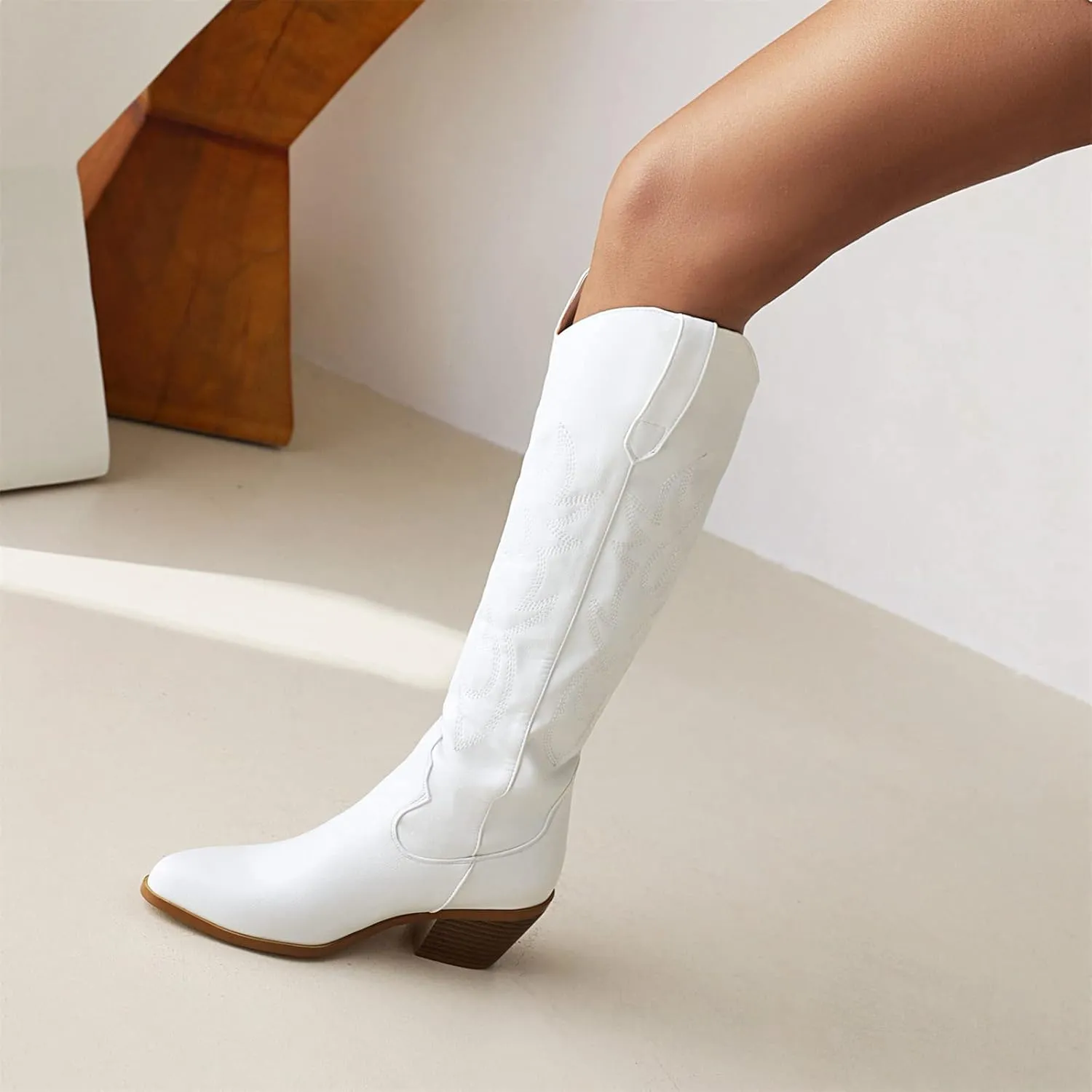 Ladmiple Cowgirl Boots Women Knee High Embroidered Western Boots Pointed Toe Chunky Heel Fashion Western Boots Pull On