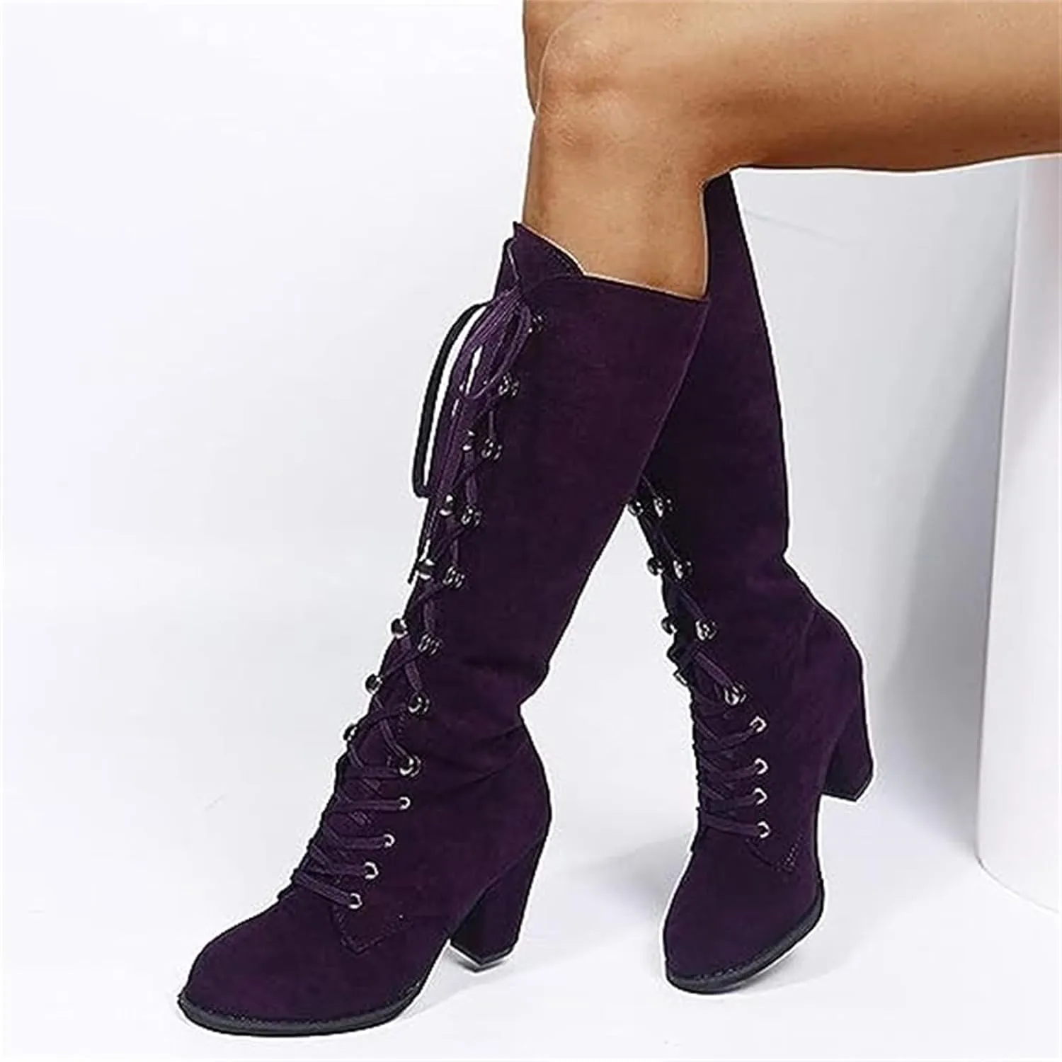 Ladmiple Fall Boots Women Knee High Wide Calf Chunky Stacked Low Block Heels Lace Up Classic Vintage Sexy Dress Shoes