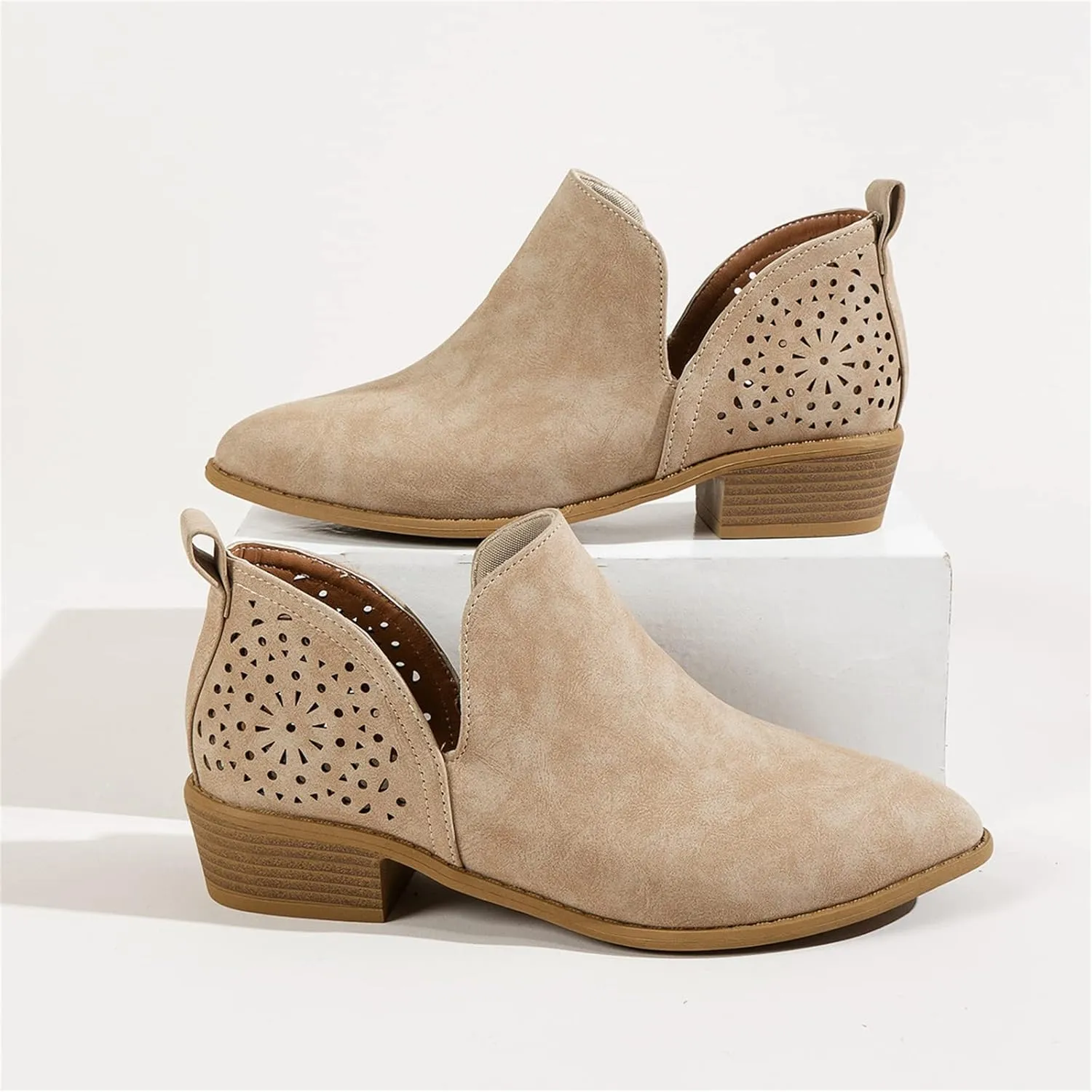 Lausiuoe Womens Boots Ankle Low Heel Cut Out Stacked Chunky Block Casual Dressy Slip on Fashion Wide Width Ankle Booties