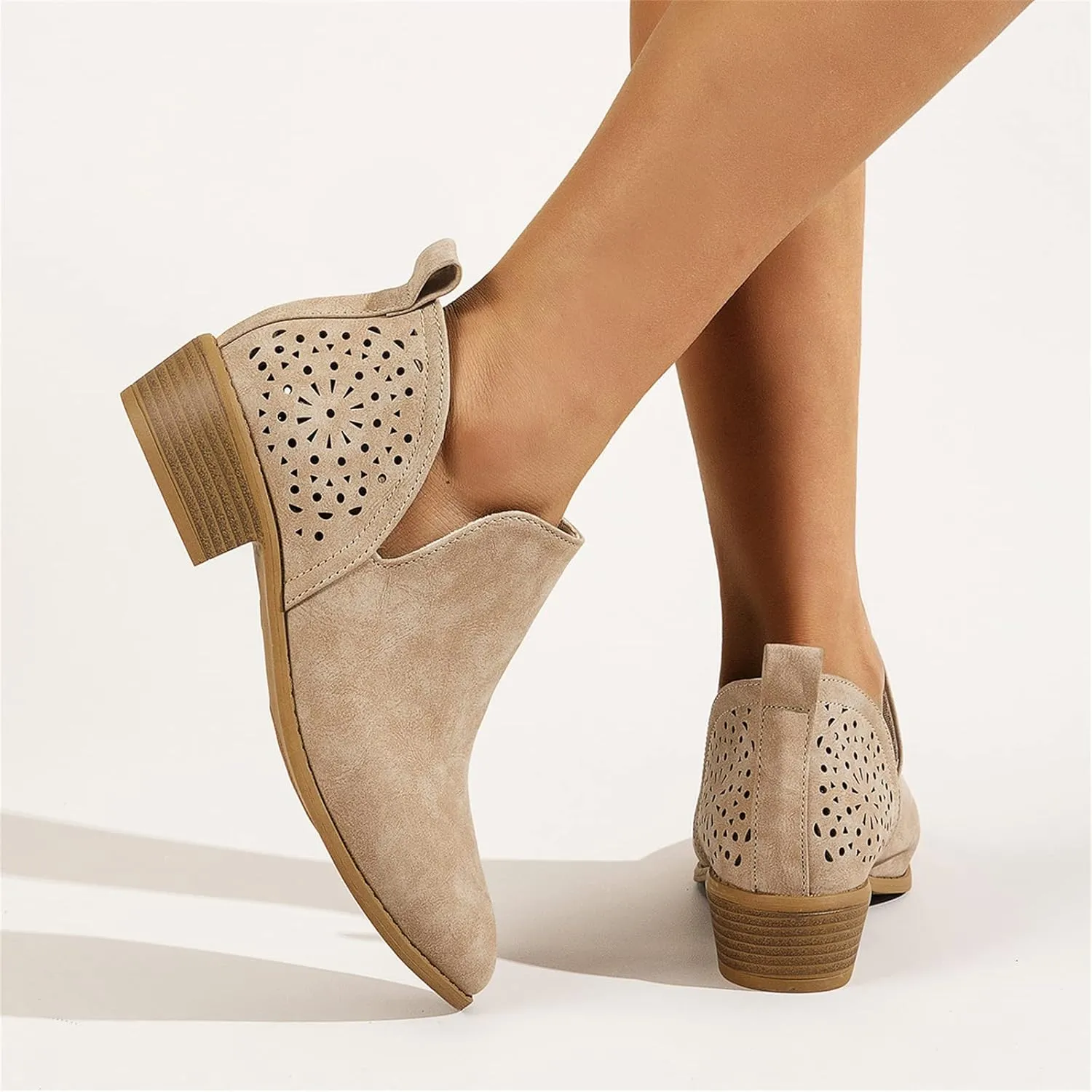 Lausiuoe Womens Boots Ankle Low Heel Cut Out Stacked Chunky Block Casual Dressy Slip on Fashion Wide Width Ankle Booties