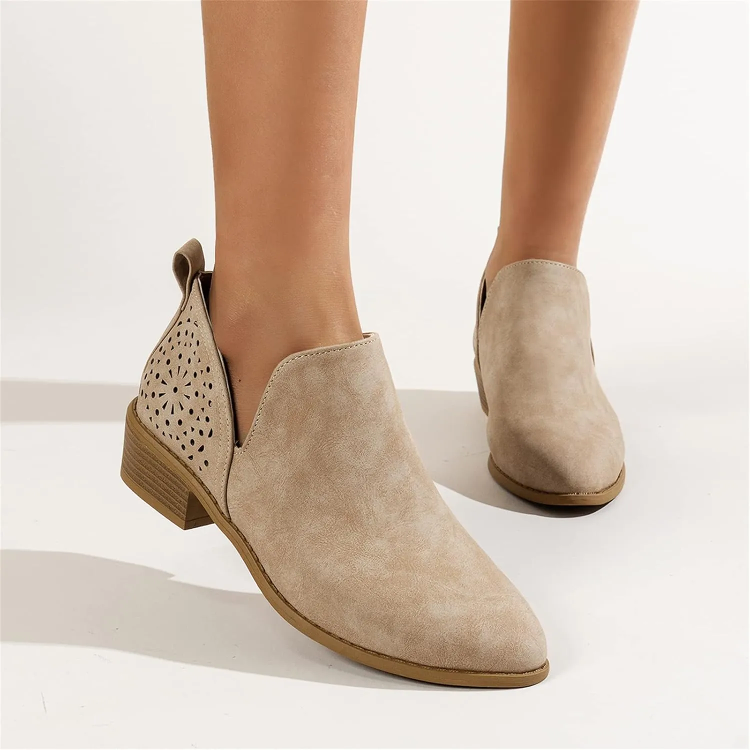 Lausiuoe Womens Boots Ankle Low Heel Cut Out Stacked Chunky Block Casual Dressy Slip on Fashion Wide Width Ankle Booties