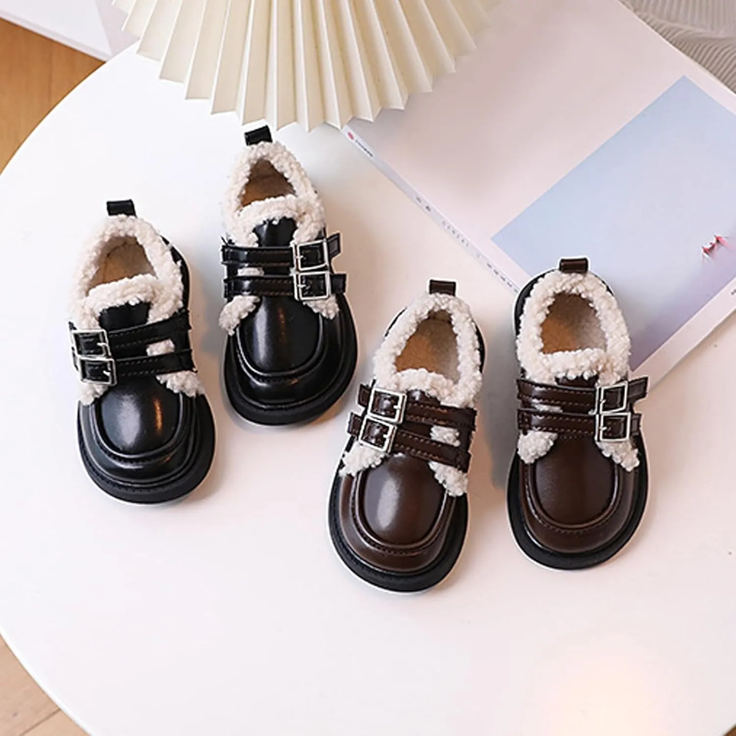 Little/Big Girls Fleece Plush PU Leather 𝗠occasin Loafers Kids Soft Sole Slip-On Outdoor Casual Comfortable Shoes