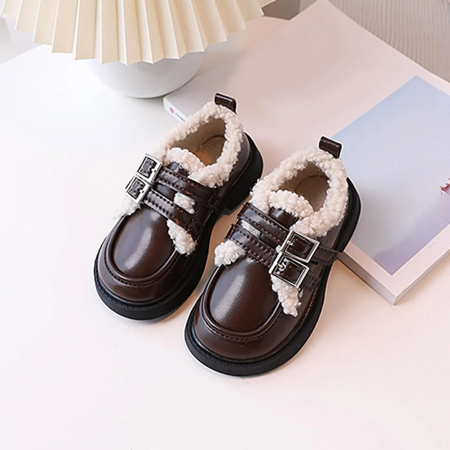 Little/Big Girls Fleece Plush PU Leather 𝗠occasin Loafers Kids Soft Sole Slip-On Outdoor Casual Comfortable Shoes
