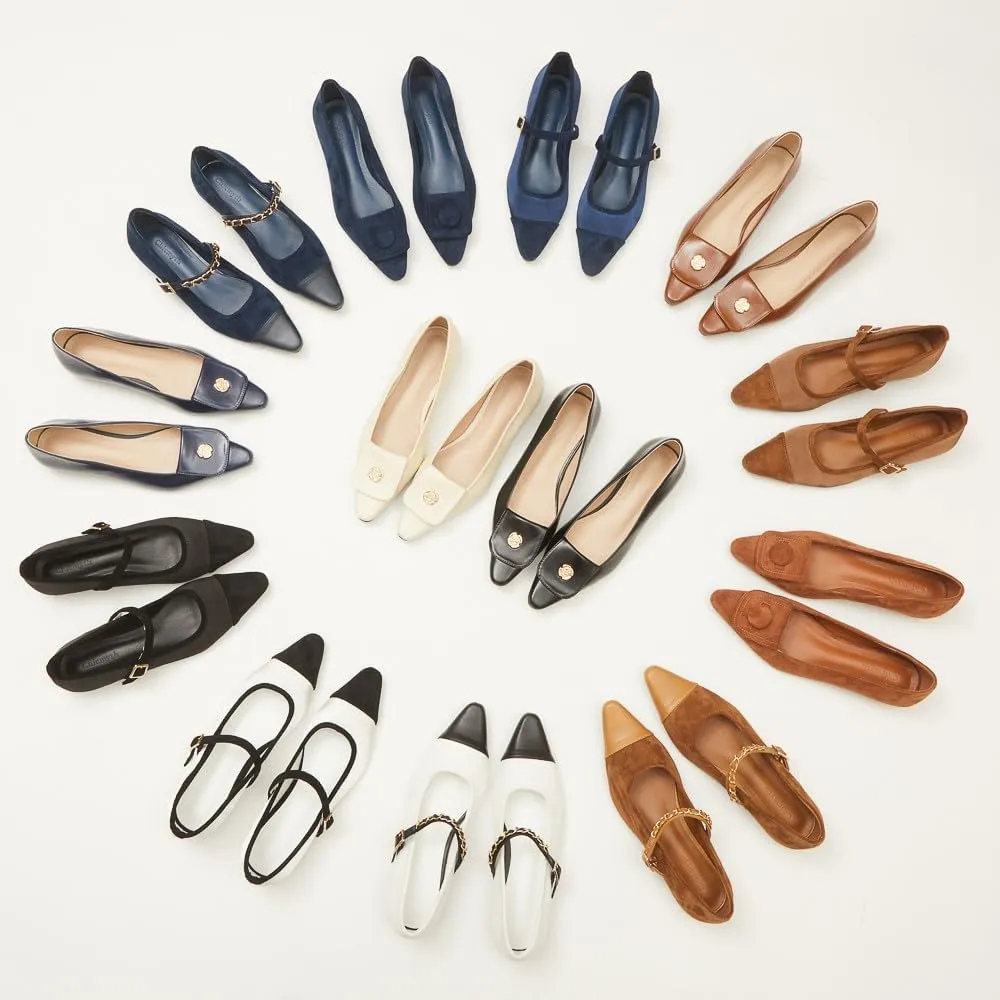 Mary Jane Flats;Two Tones Pointed Toe Ballet Flats;Fashion Mary Jane Shoes.