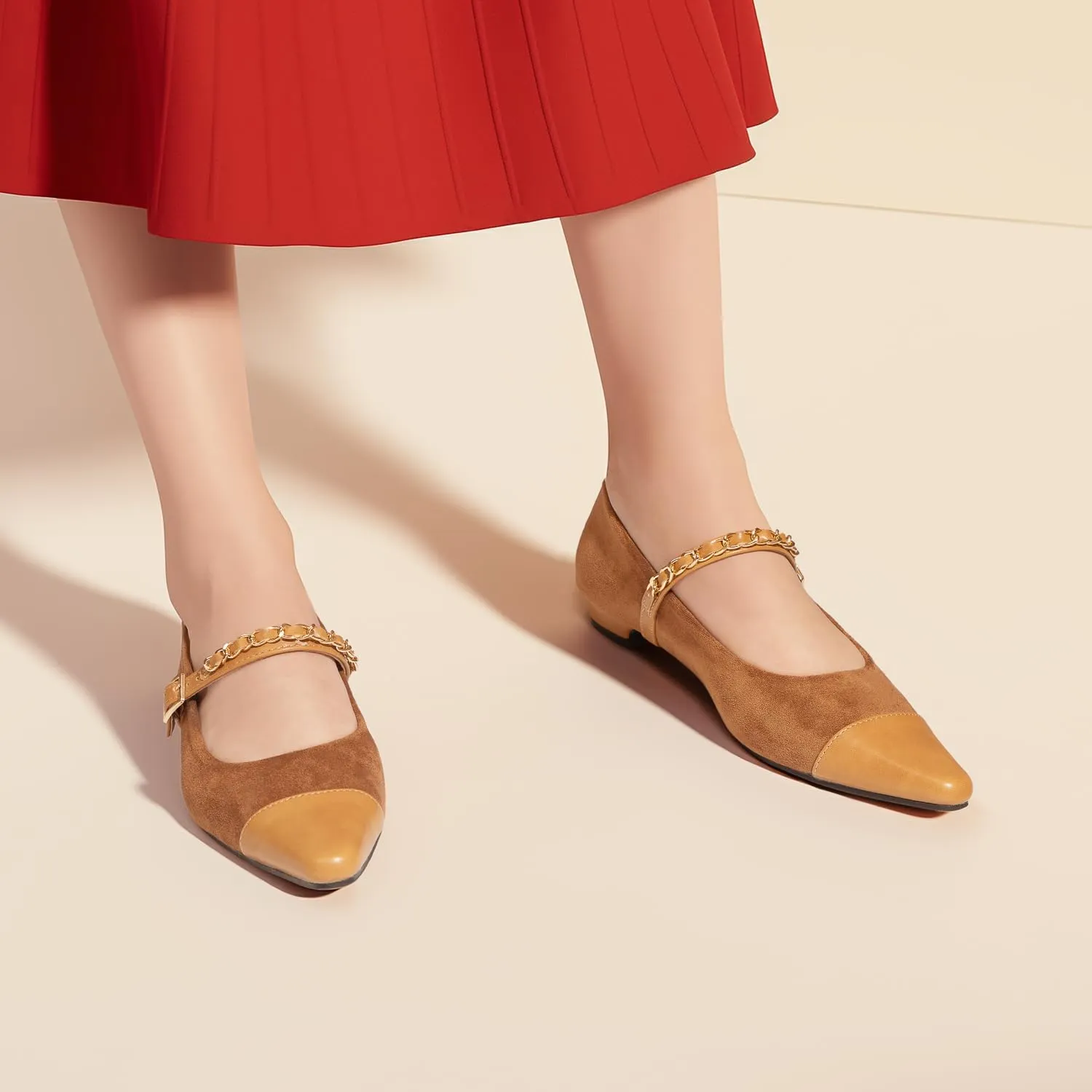 Mary Jane Flats;Two Tones Pointed Toe Ballet Flats;Fashion Mary Jane Shoes.