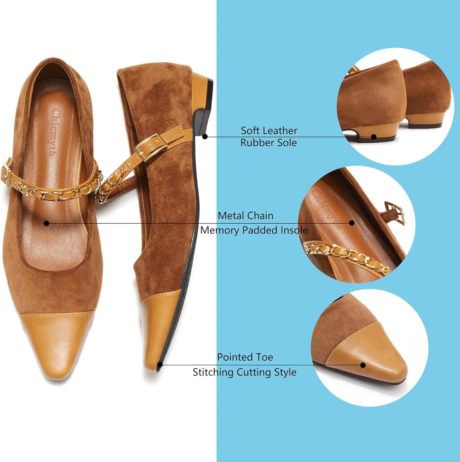 Mary Jane Flats;Two Tones Pointed Toe Ballet Flats;Fashion Mary Jane Shoes.