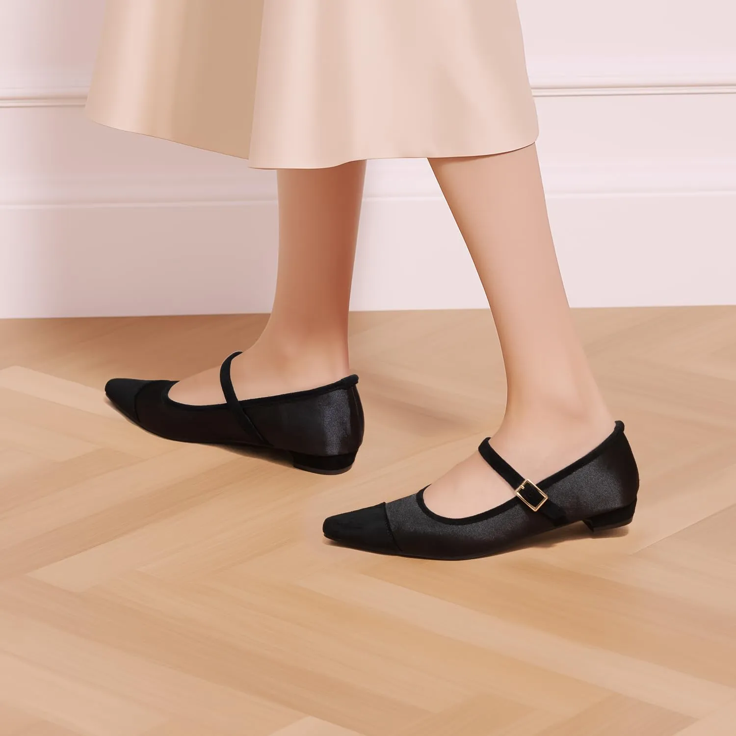 Mary Jane Flats;Two Tones Pointed Toe Ballet Flats;Fashion Mary Jane Shoes.