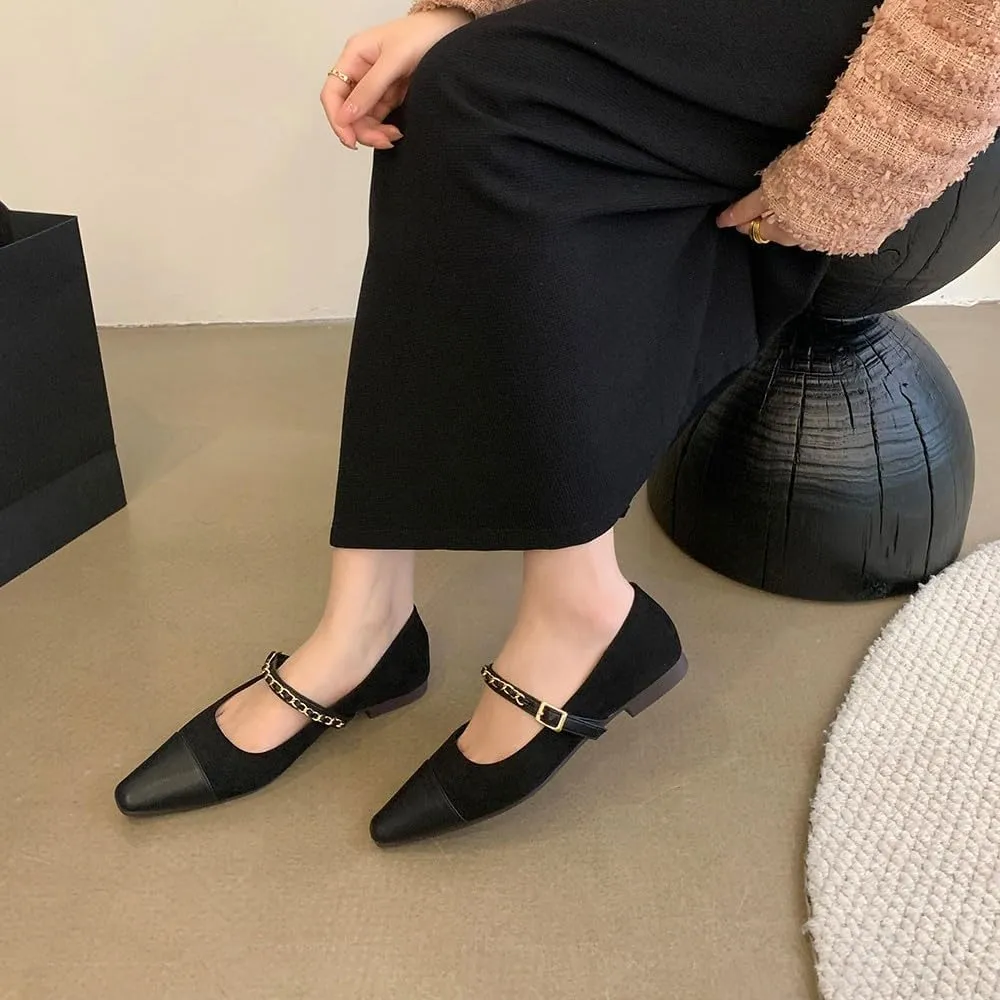 Mary Jane Flats;Two Tones Pointed Toe Ballet Flats;Fashion Mary Jane Shoes.