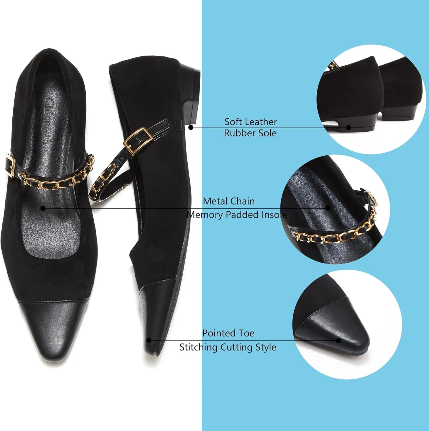 Mary Jane Flats;Two Tones Pointed Toe Ballet Flats;Fashion Mary Jane Shoes.