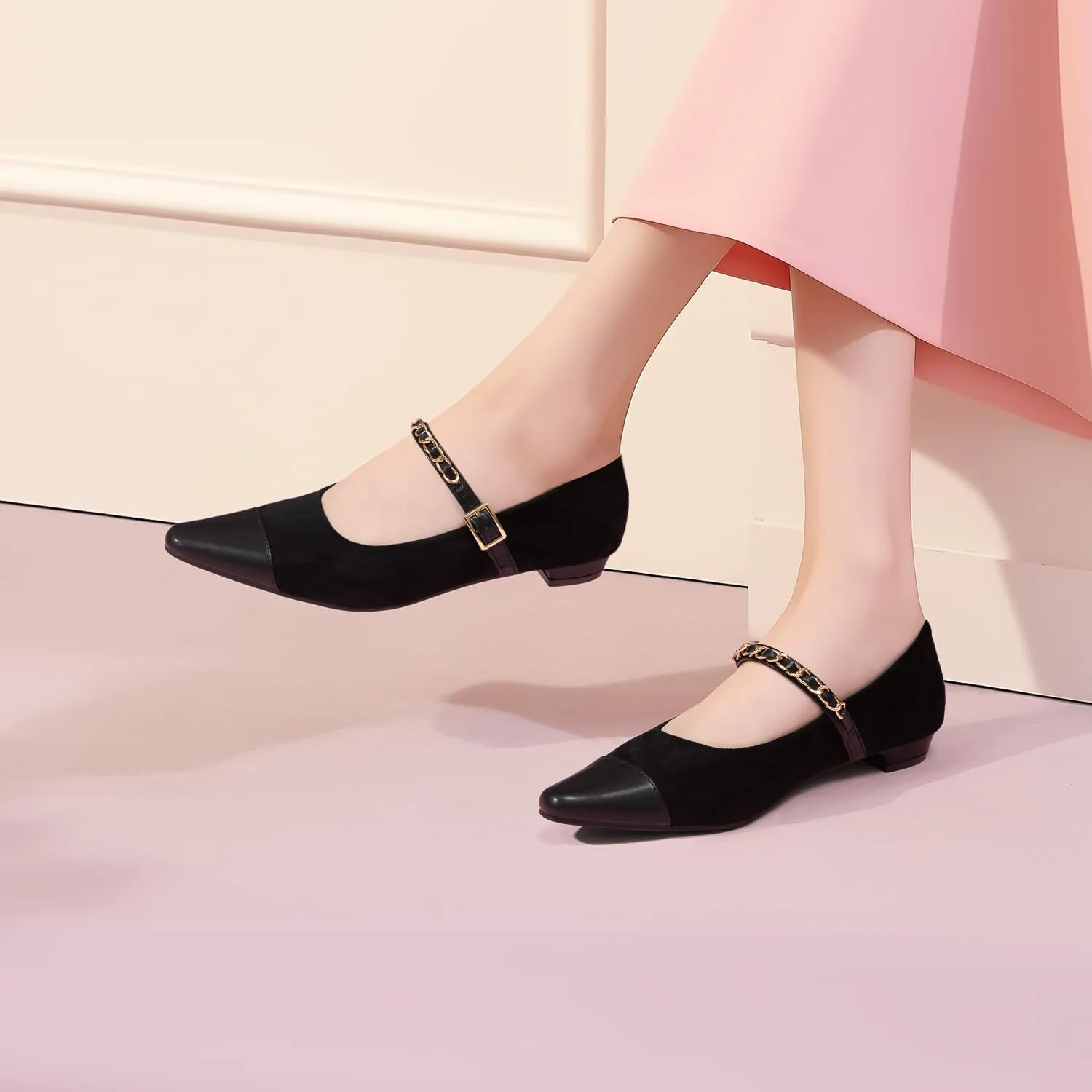 Mary Jane Flats;Two Tones Pointed Toe Ballet Flats;Fashion Mary Jane Shoes.