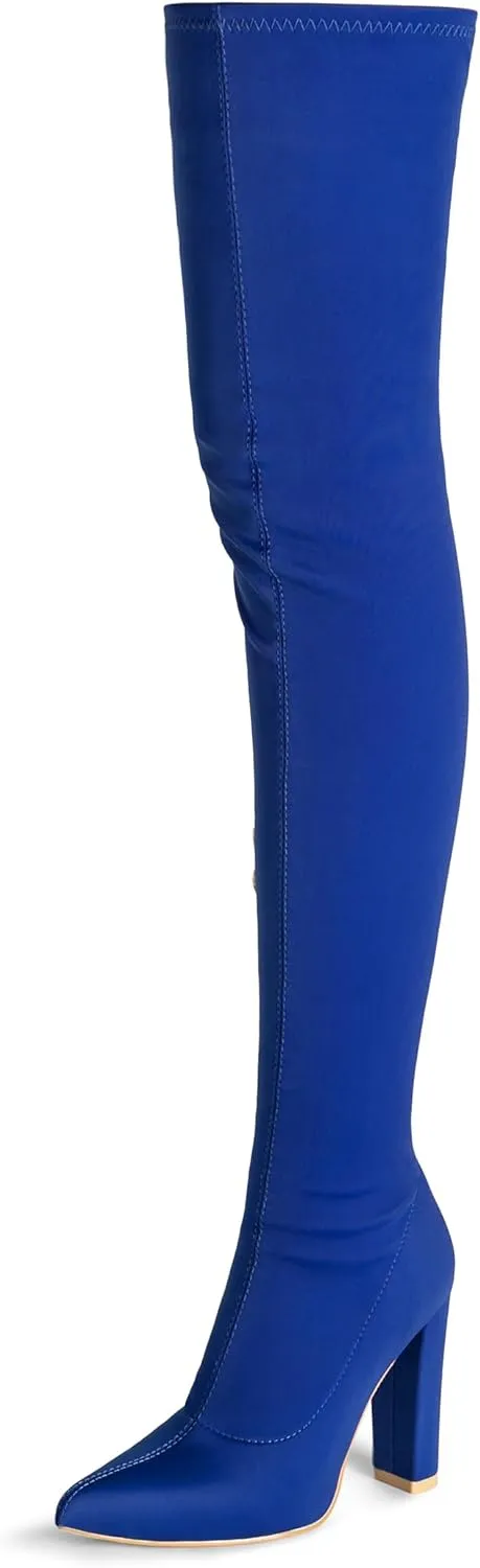 Thigh High Boots for Women Chunky High Heel Over The Knee Boots Stretch Pointed Toe GO GO Knee High Boot