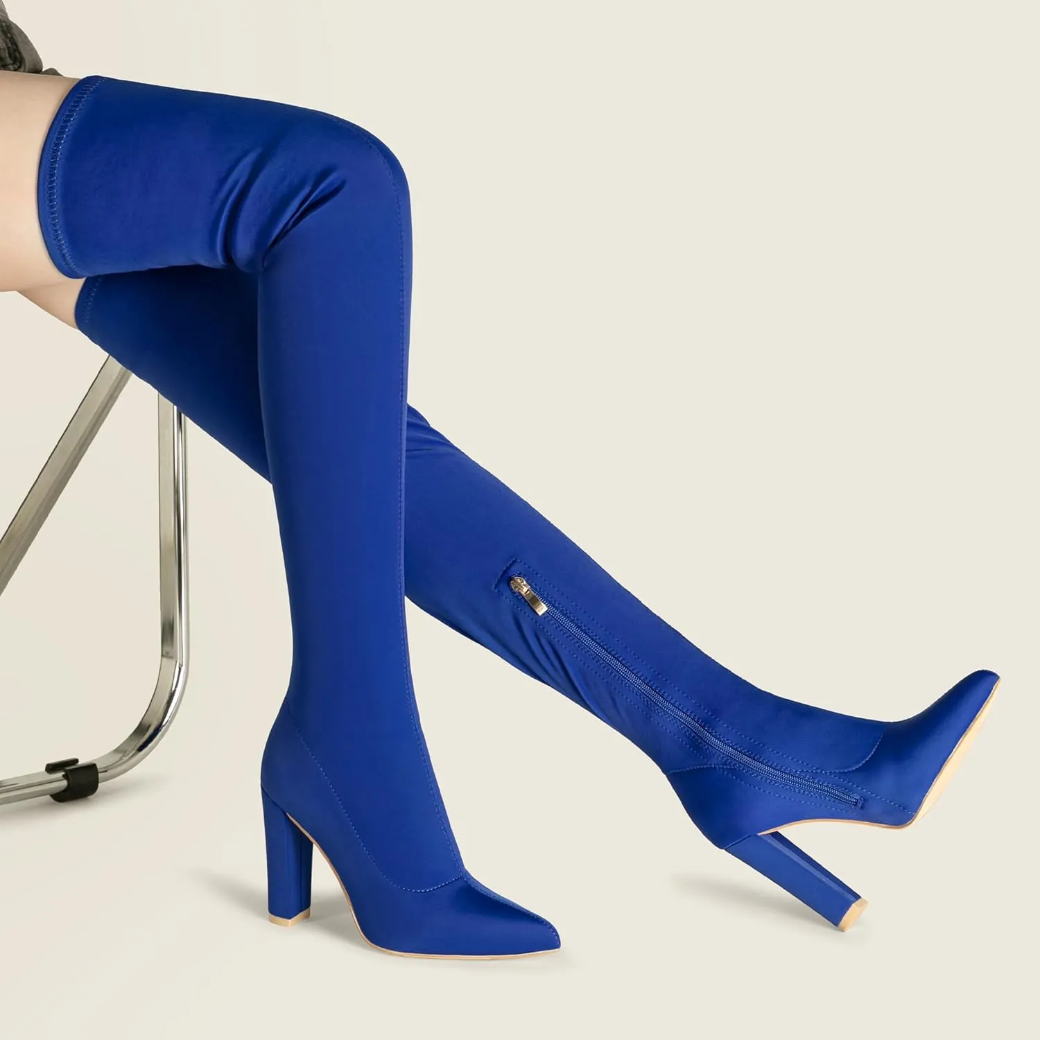 Thigh High Boots for Women Chunky High Heel Over The Knee Boots Stretch Pointed Toe GO GO Knee High Boot
