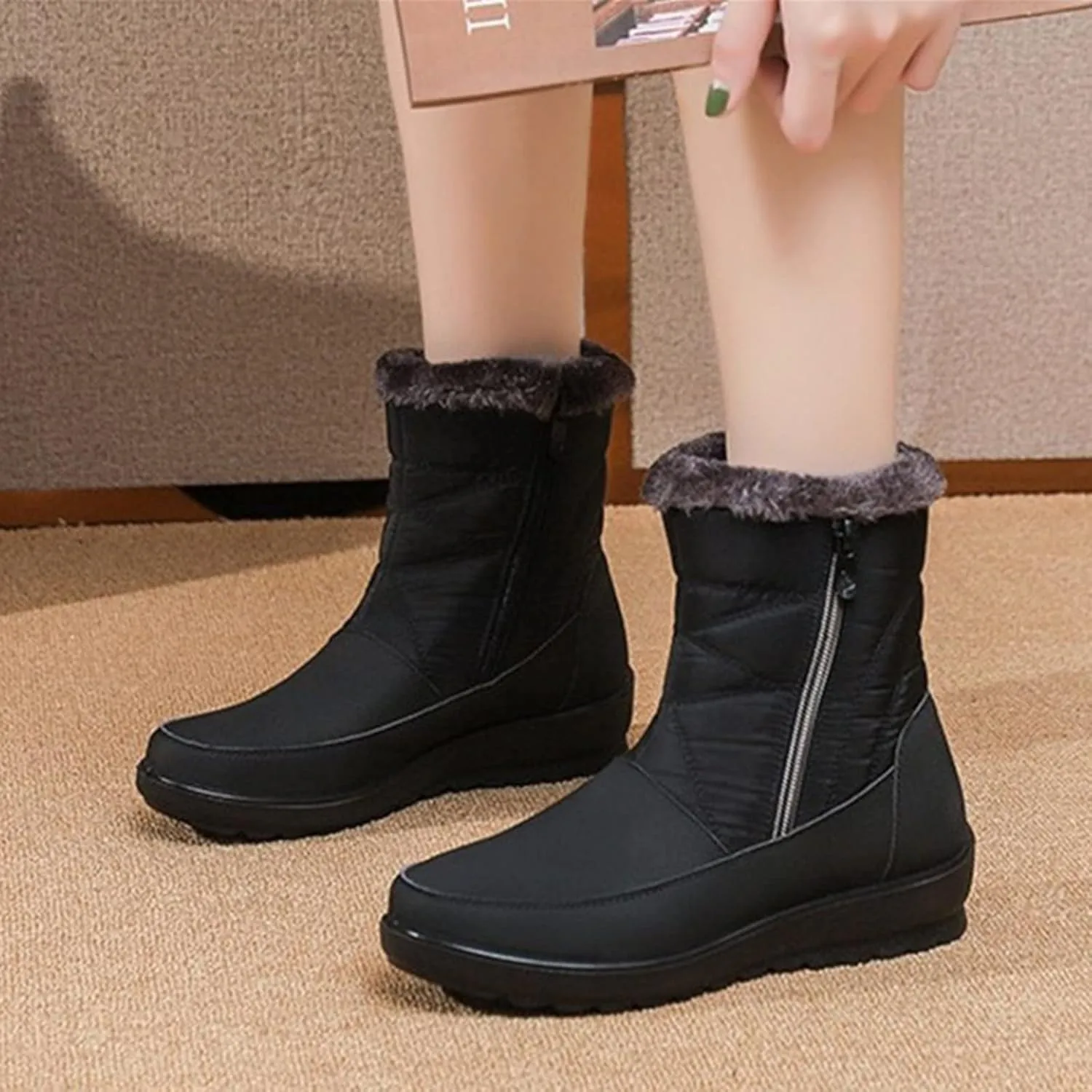 Winter Boots for Women Winter Warm Outdoor Faux Fur Lined Shoes Warm Cozy Short Ankle Booties Lightweight Snow Boot