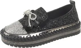 Women's Rhinestones Glitter Platform Slip On Sneakers Casual Cute Bowknot Shiny Walking Shoes Non-Slip Comfortable Dress Flat Loafers